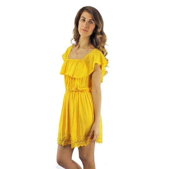 Yellow Strapless Off The Shoulder Dress With Lace Trim - Picture 7 of 8